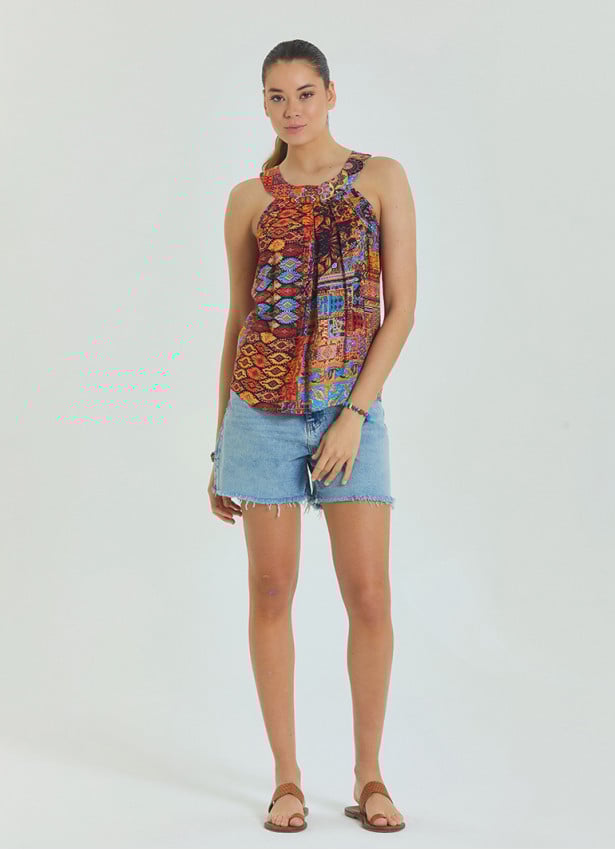 Halter Neck Button Detail Pleated Orange Authentic Blouse 4677
